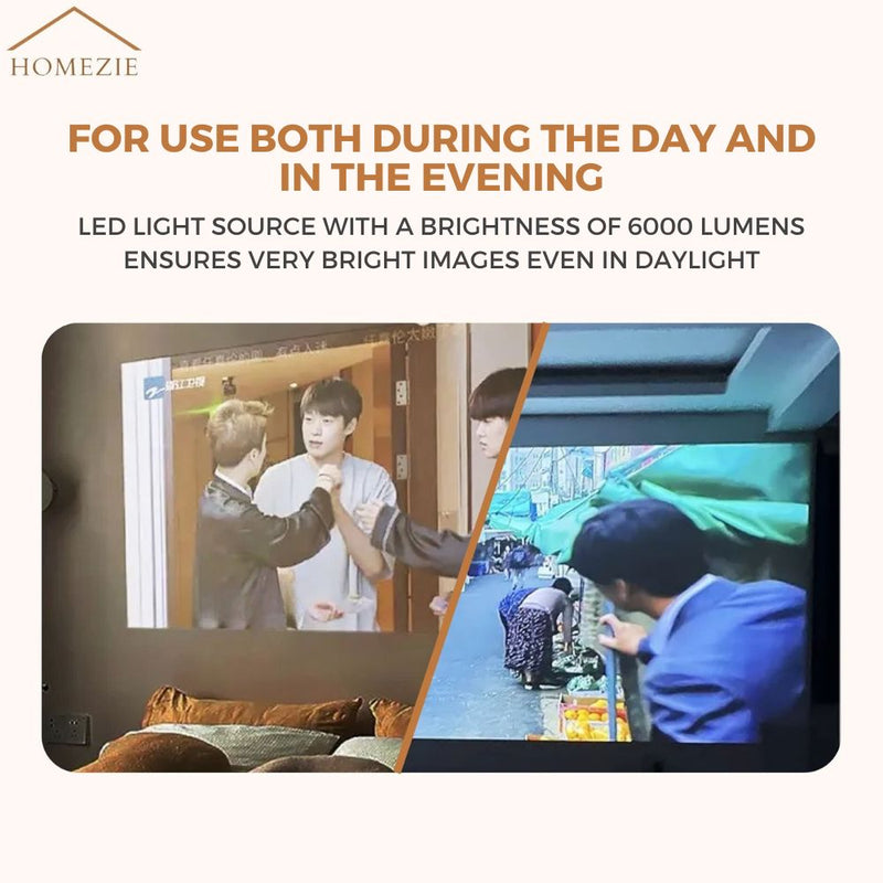 Homezie® Projector | Includes 2 3D Glasses, HDMI Cable, AV Cable, and Stand | Android 9.0 System | 6000 Lumens
