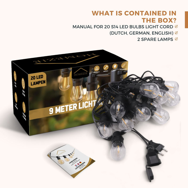 Homezie® fairy lights | IP65 waterproof | plastic S14 LED bulbs | warm white | connectable & dimmable | available in different lengths