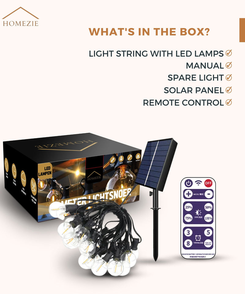 Homezie® Solar fairy lights | With remote control | IP65 waterproof | G40 LED bulbs | Available in different lengths