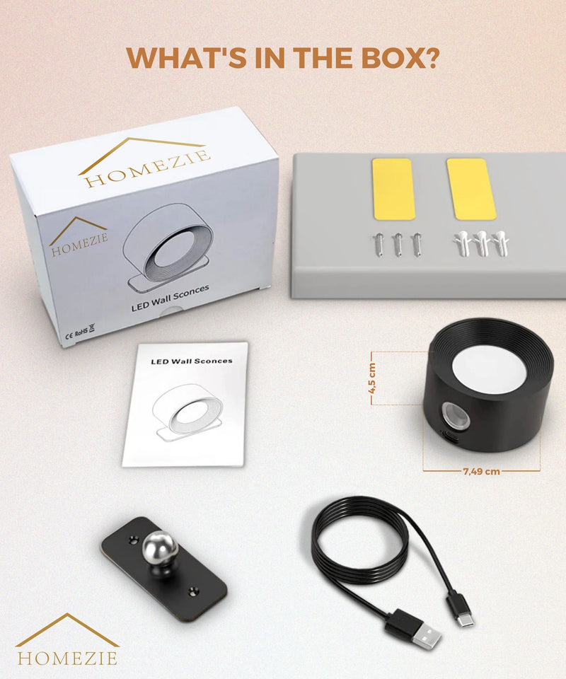 Homezie Wall Lamp | 3 Color Temperatures | Touch Control | Adjustable Brightness | USB Rechargeable