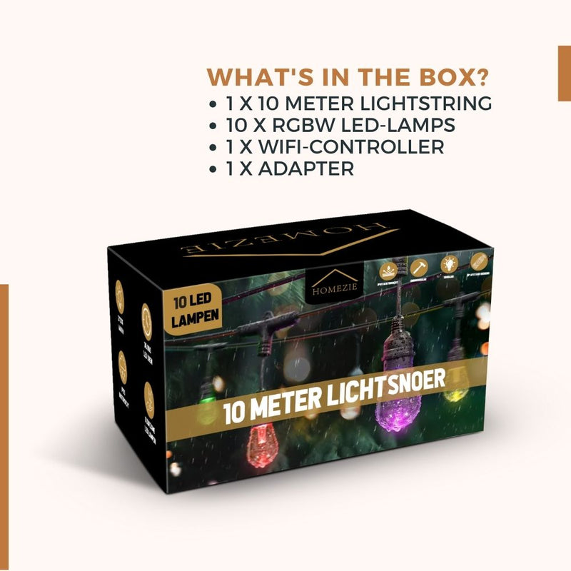Homezie Smart Light String | 10 Meters | App Controlled | IP65 Waterproof | RGBW | Smart Lighting | Can Synchronize with Music