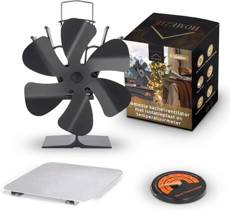 Homezie® Stove fan for wood stoves | Including heat shield and temperature display | 6 blades | Stove fan | Fireplace fan