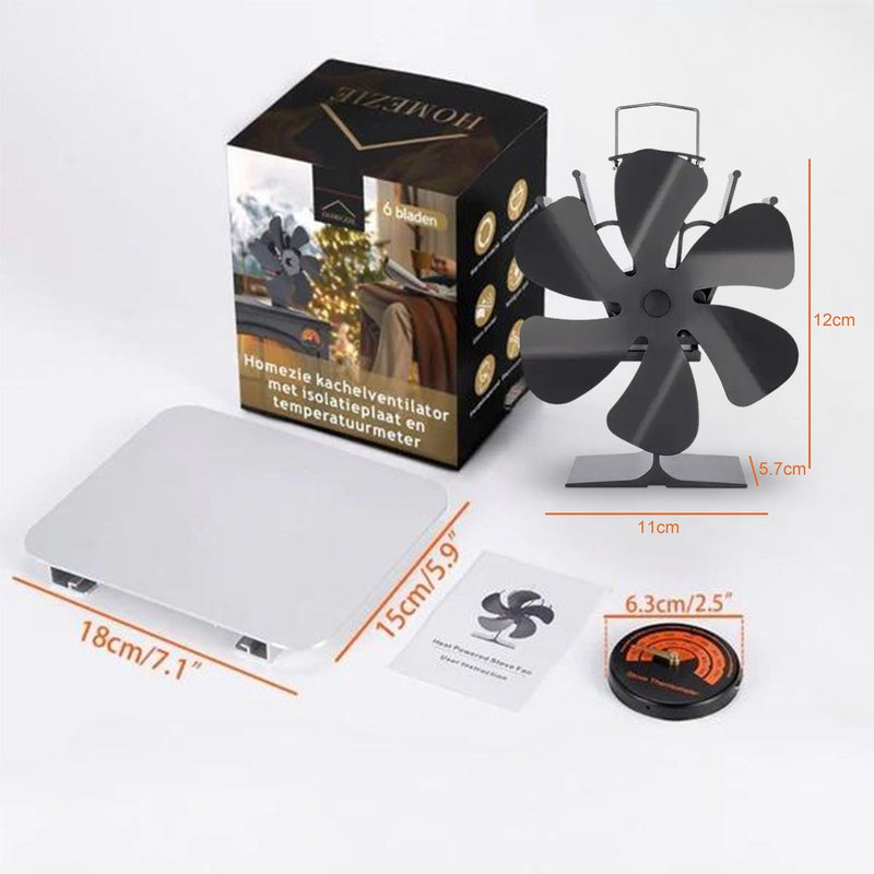 Homezie® Stove fan for wood stoves | Including heat shield and temperature display | 6 blades | Stove fan | Fireplace fan