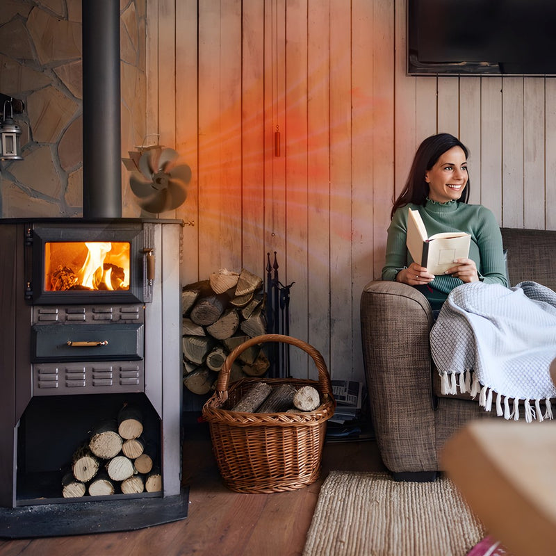Homezie® Stove fan for wood stoves | Including heat shield and temperature display | 6 blades | Stove fan | Fireplace fan
