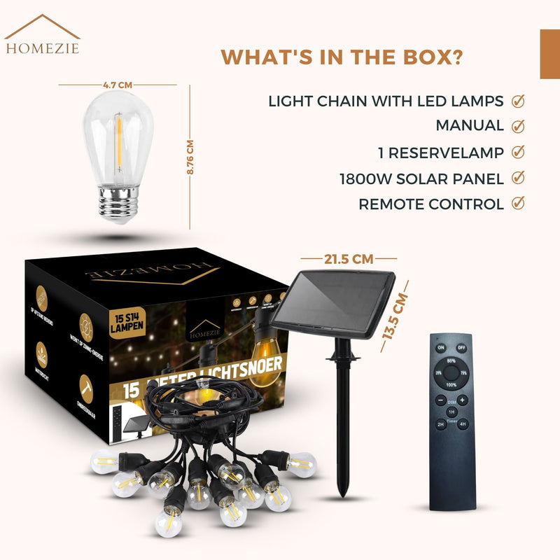 Homezie Solar-Powered Light String | IP65 Waterproof | With Remote Control | S14 LED Bulbs | Solar Garden Lighting