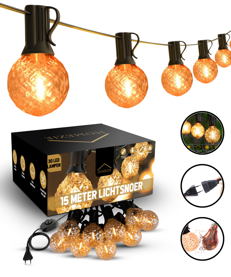 Homezie® fairy lights 15 meters with 30 LED bulbs | cone design | including 3m extension cable with dimmer | waterproof | warm white | connectable & dimmable