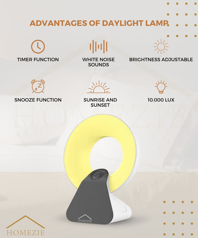 Homezie Daylight Lamp | Wake-Up Light | White Noise Machine | Built-In Timers | 10,000 Lux | Light Therapy Lamp