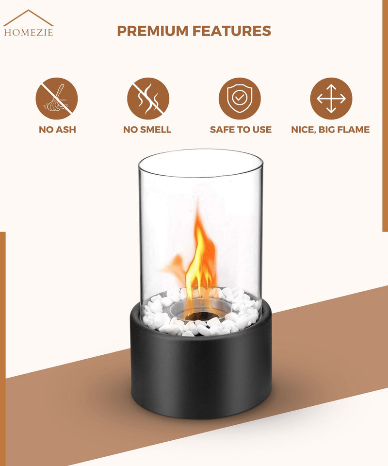 Homezie® Table Fireplace | Round Black | For Indoor & Outdoor Use | With Fire Extinguisher | Bio Ethanol Ambient Fireplace