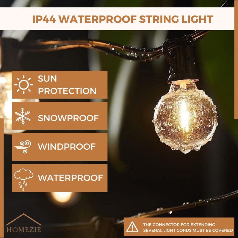 Homezie® Light String | Warm White | G40 LED Bulbs | Waterproof | Dimmable & Connectable | Outdoor Lighting | Available in Multiple Lengths
