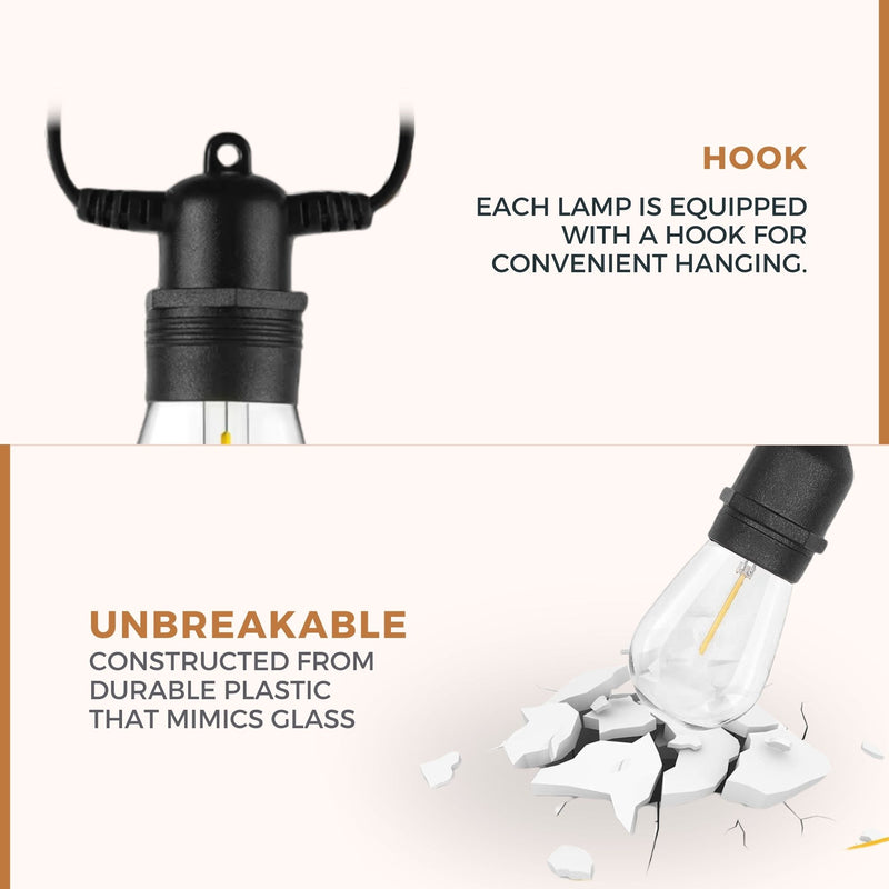 Homezie® fairy lights | IP65 waterproof | plastic S14 LED bulbs | warm white | connectable & dimmable | available in different lengths