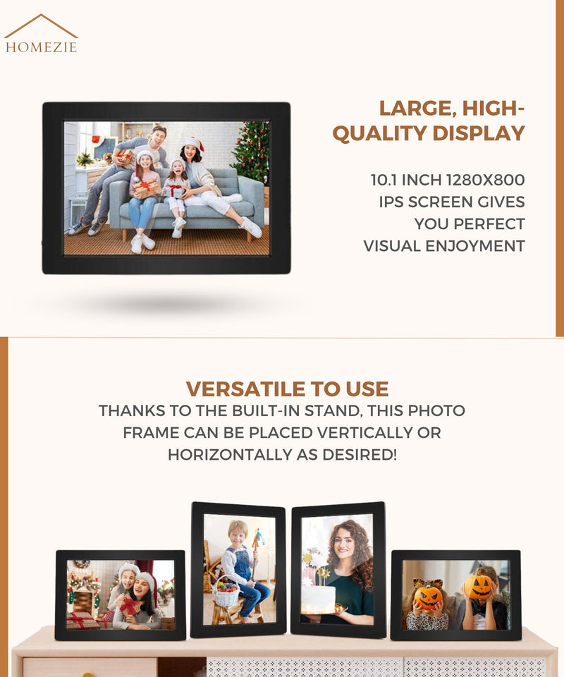 Homezie® Digital picture frame | Frameo App | High-resolution pictures | 10-inch touchscreen display | WiFi Digital picture frame
