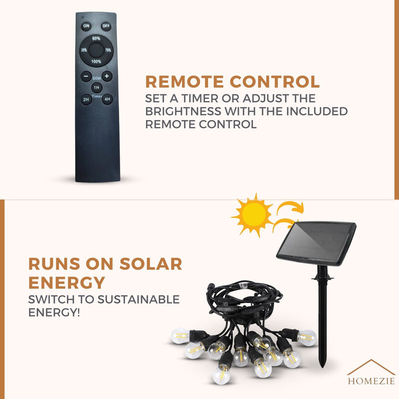 Homezie Solar-Powered Light String | IP65 Waterproof | With Remote Control | S14 LED Bulbs | Solar Garden Lighting