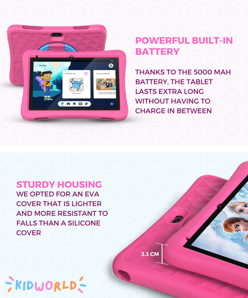 KidWorld® Kids Tablet Pink & Blue | 4GB RAM + 64GB Storage | 5000 mAh | 10-Inch Screen | Android 13 | Children's Tablet