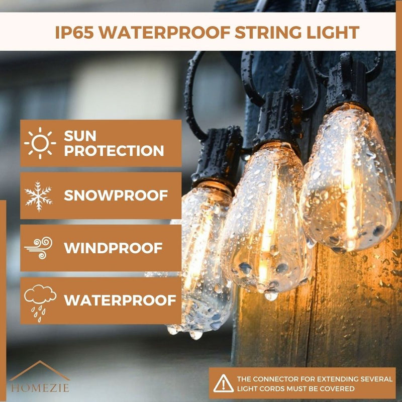 Homezie Light String 15 Meters with 25 Large LED Bulbs | IP45 Waterproof | Warm White | Connectable & Dimmable