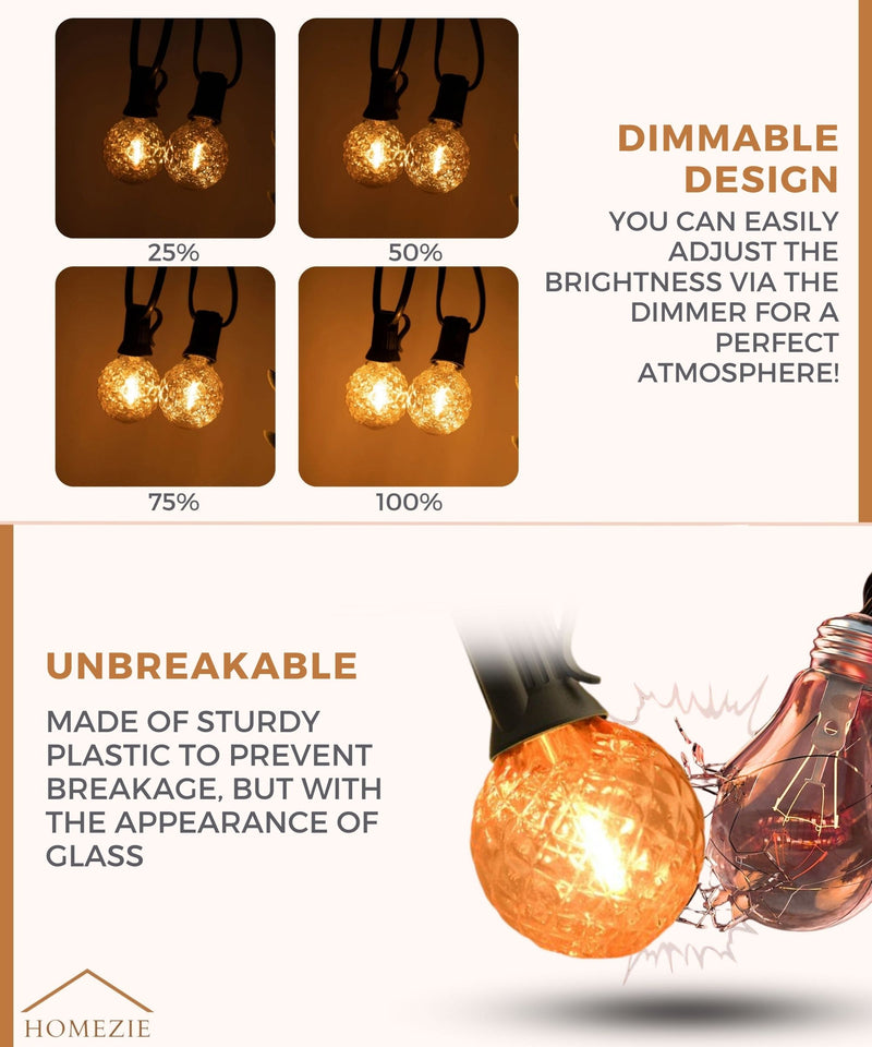 Homezie® fairy lights 15 meters with 30 LED bulbs | cone design | including 3m extension cable with dimmer | waterproof | warm white | connectable & dimmable