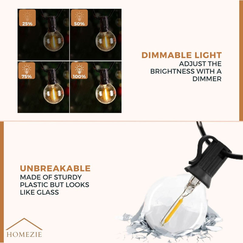Homezie® Light String | Warm White | G40 LED Bulbs | Waterproof | Dimmable & Connectable | Outdoor Lighting | Available in Multiple Lengths