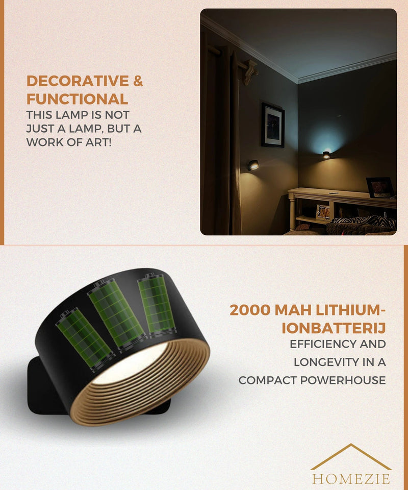 Homezie Wall Lamp | 3 Color Temperatures | Touch Control | Adjustable Brightness | USB Rechargeable