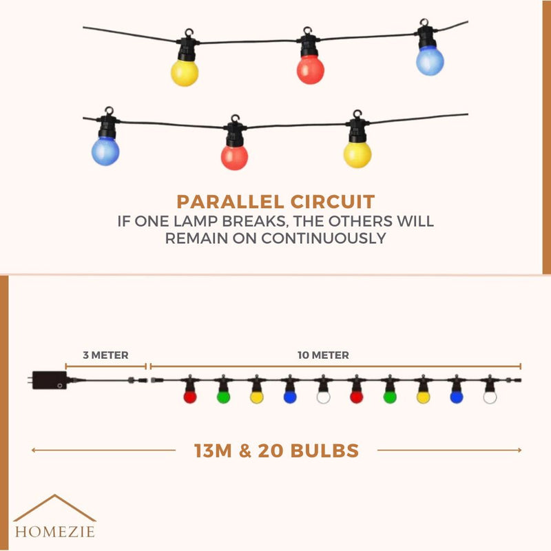 Homezie® Light String | RGB | LED Bulbs | Waterproof | 13 Meters with 20 LED Bulbs