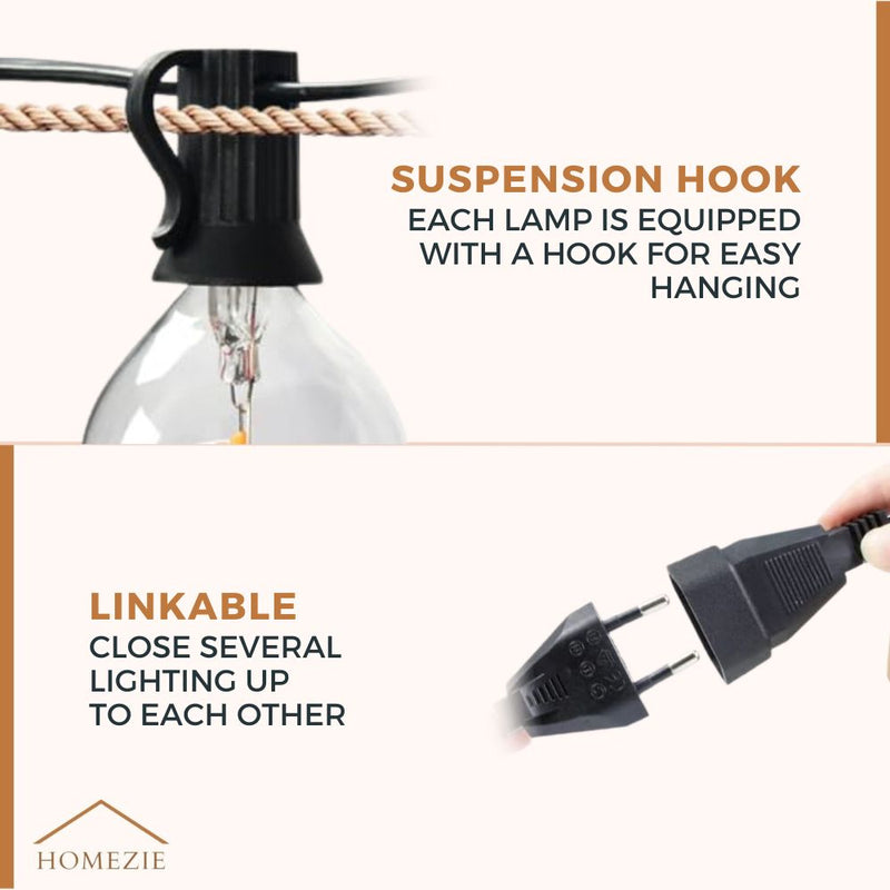 Homezie® Light String | Warm White | G40 LED Bulbs | Waterproof | Dimmable & Connectable | Outdoor Lighting | Available in Multiple Lengths