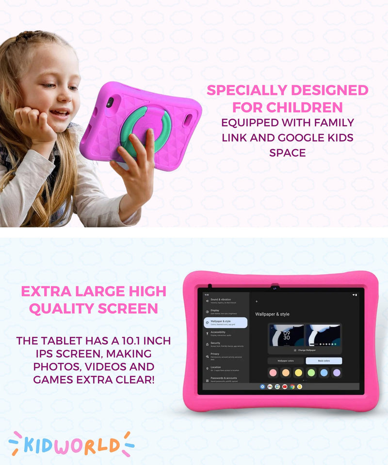 KidWorld® Kids Tablet Pink & Blue | 4GB RAM + 64GB Storage | 5000 mAh | 10-Inch Screen | Android 13 | Children's Tablet
