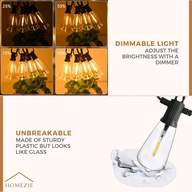 Homezie Light String 15 Meters with 25 Large LED Bulbs | IP45 Waterproof | Warm White | Connectable & Dimmable