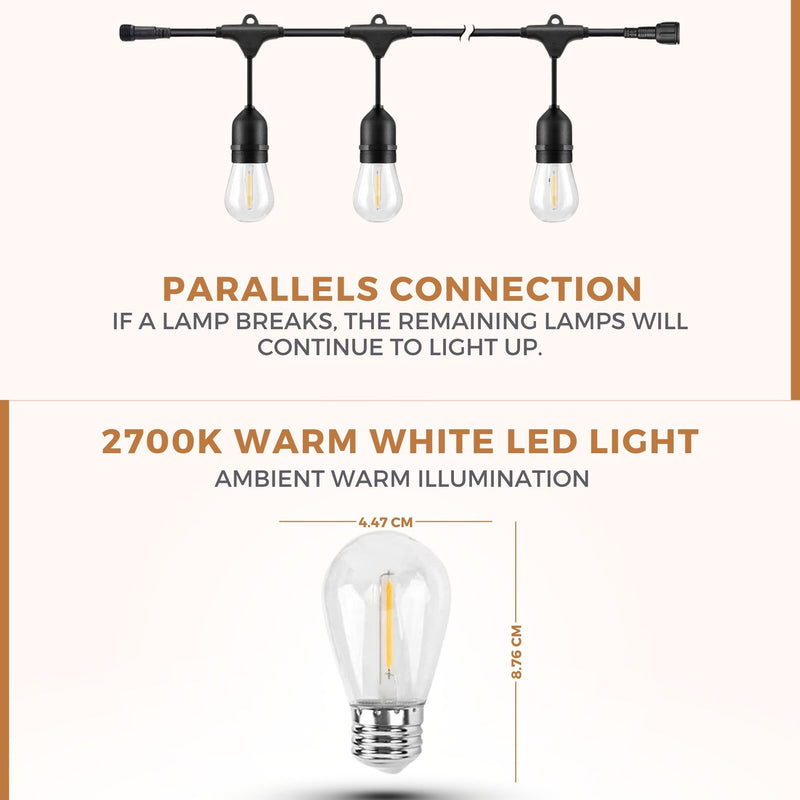 Homezie® fairy lights | IP65 waterproof | plastic S14 LED bulbs | warm white | connectable & dimmable | available in different lengths