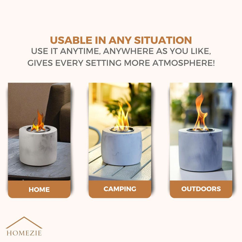 Homezie® Table Fireplace | For Indoor & Outdoor Use | Round Marble Gray | Ambient Fireplace | Bio Ethanol Fireplace