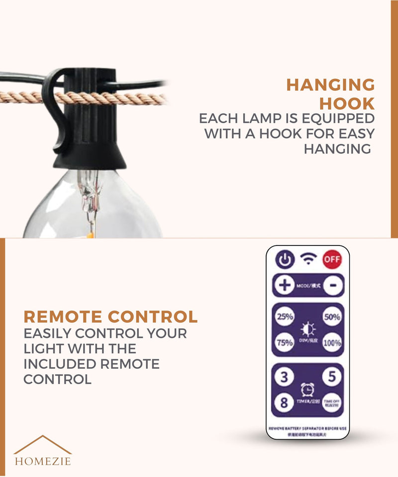 Homezie® Solar fairy lights | With remote control | IP65 waterproof | G40 LED bulbs | Available in different lengths