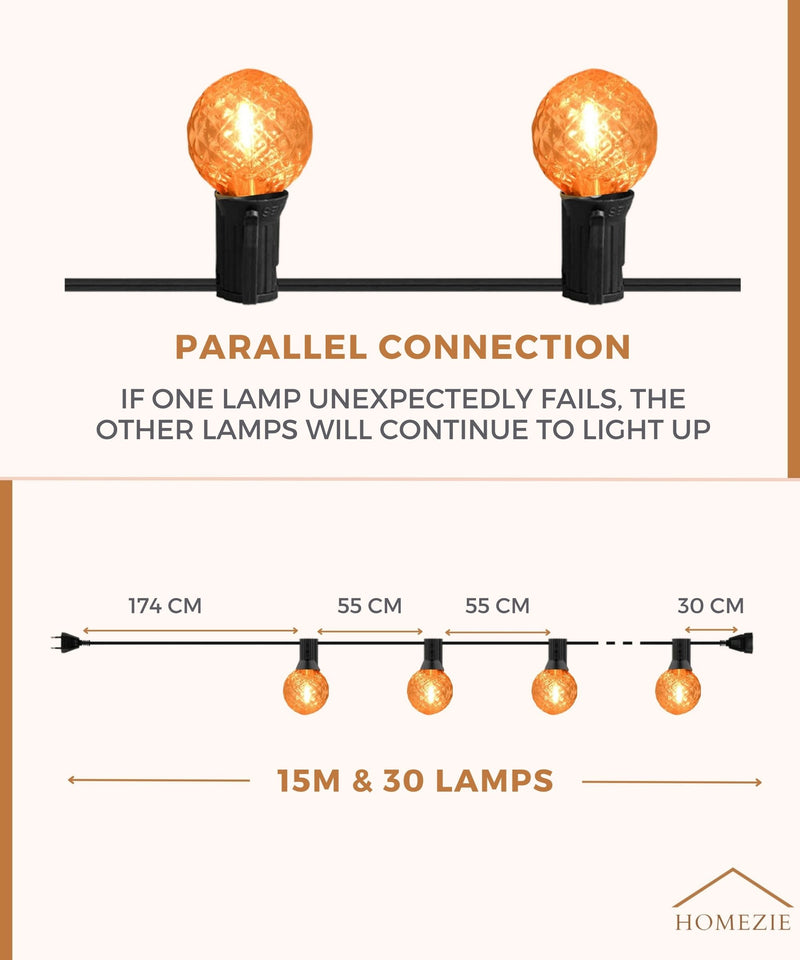 Homezie® fairy lights 15 meters with 30 LED bulbs | cone design | including 3m extension cable with dimmer | waterproof | warm white | connectable & dimmable