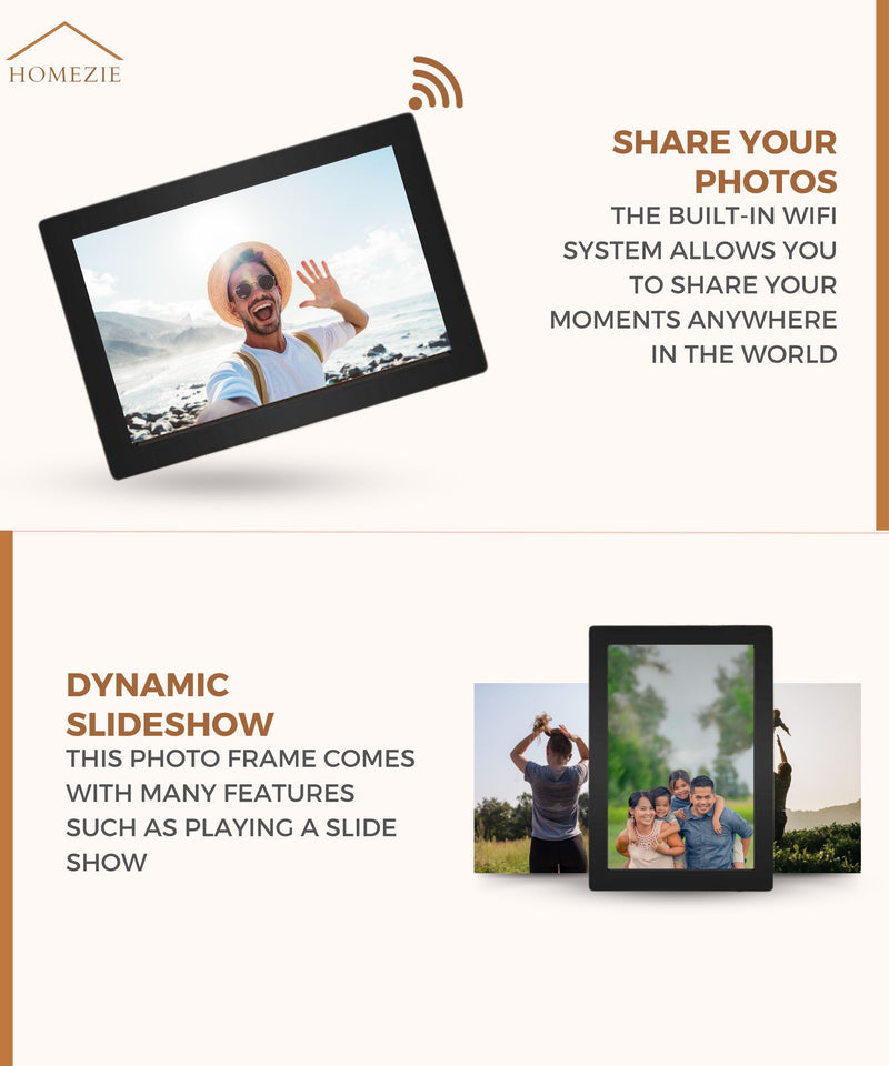 Homezie® Digital picture frame | Frameo App | High-resolution pictures | 10-inch touchscreen display | WiFi Digital picture frame