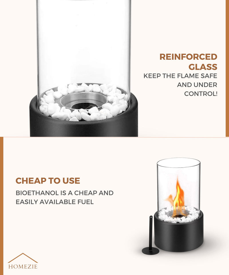Homezie® Table Fireplace | Round Black | For Indoor & Outdoor Use | With Fire Extinguisher | Bio Ethanol Ambient Fireplace
