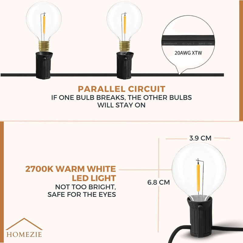 Homezie® Light String | Warm White | G40 LED Bulbs | Waterproof | Dimmable & Connectable | Outdoor Lighting | Available in Multiple Lengths