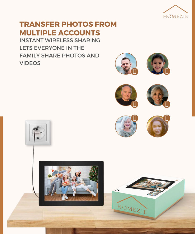Homezie® Digital picture frame | Frameo App | High-resolution pictures | 10-inch touchscreen display | WiFi Digital picture frame