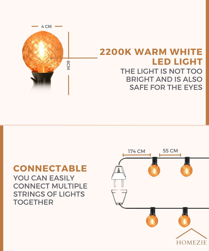 Homezie® fairy lights 15 meters with 30 LED bulbs | cone design | including 3m extension cable with dimmer | waterproof | warm white | connectable & dimmable