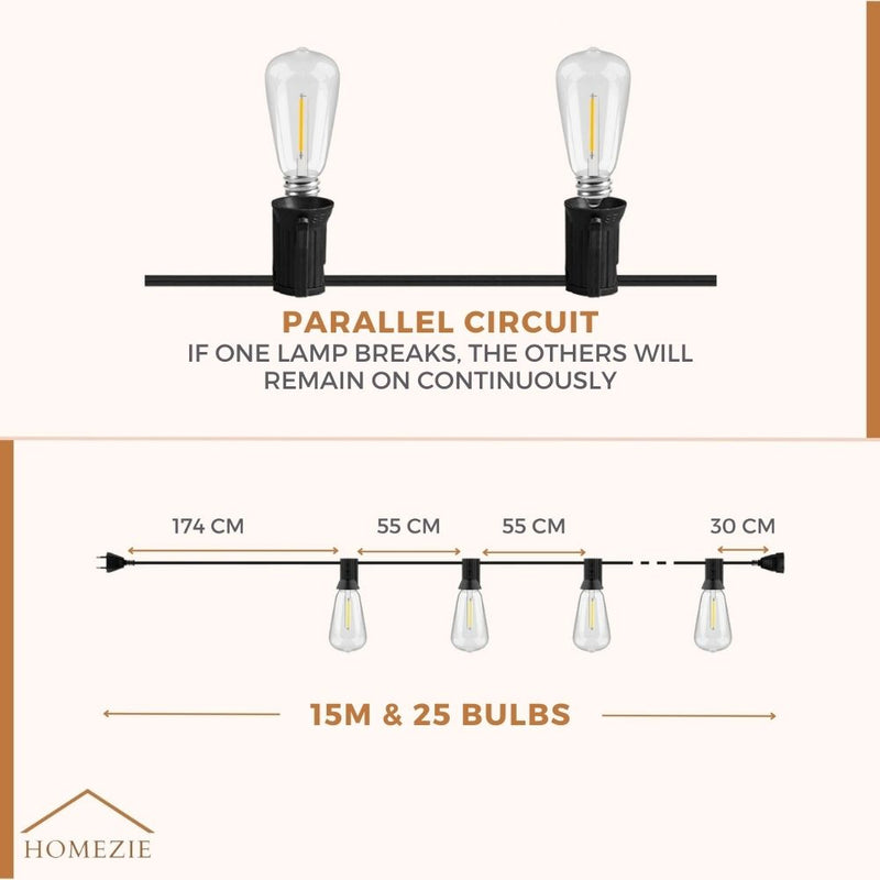 Homezie Light String 15 Meters with 25 Large LED Bulbs | IP45 Waterproof | Warm White | Connectable & Dimmable