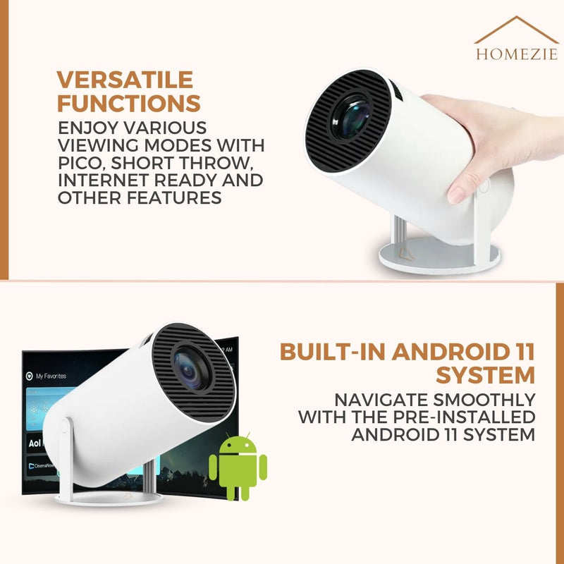 Homezie® Projector | WiFi, HDMI, Bluetooth | 4K Support | Built-In Android 11 | Projector