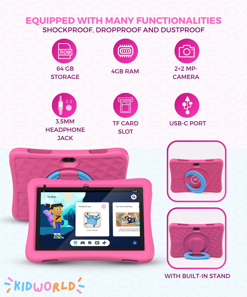 KidWorld® Kids Tablet Pink & Blue | 4GB RAM + 64GB Storage | 5000 mAh | 10-Inch Screen | Android 13 | Children's Tablet