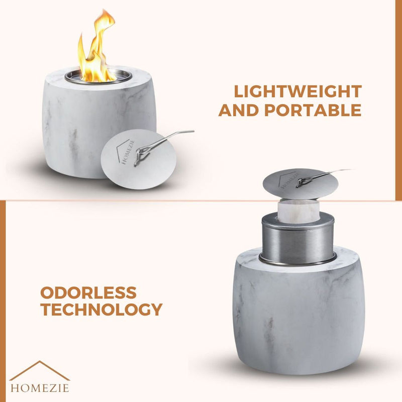 Homezie® Table Fireplace | For Indoor & Outdoor Use | Round Marble Gray | Ambient Fireplace | Bio Ethanol Fireplace
