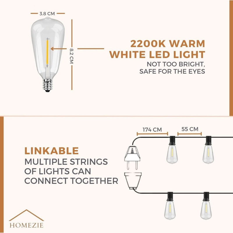 Homezie Light String 15 Meters with 25 Large LED Bulbs | IP45 Waterproof | Warm White | Connectable & Dimmable