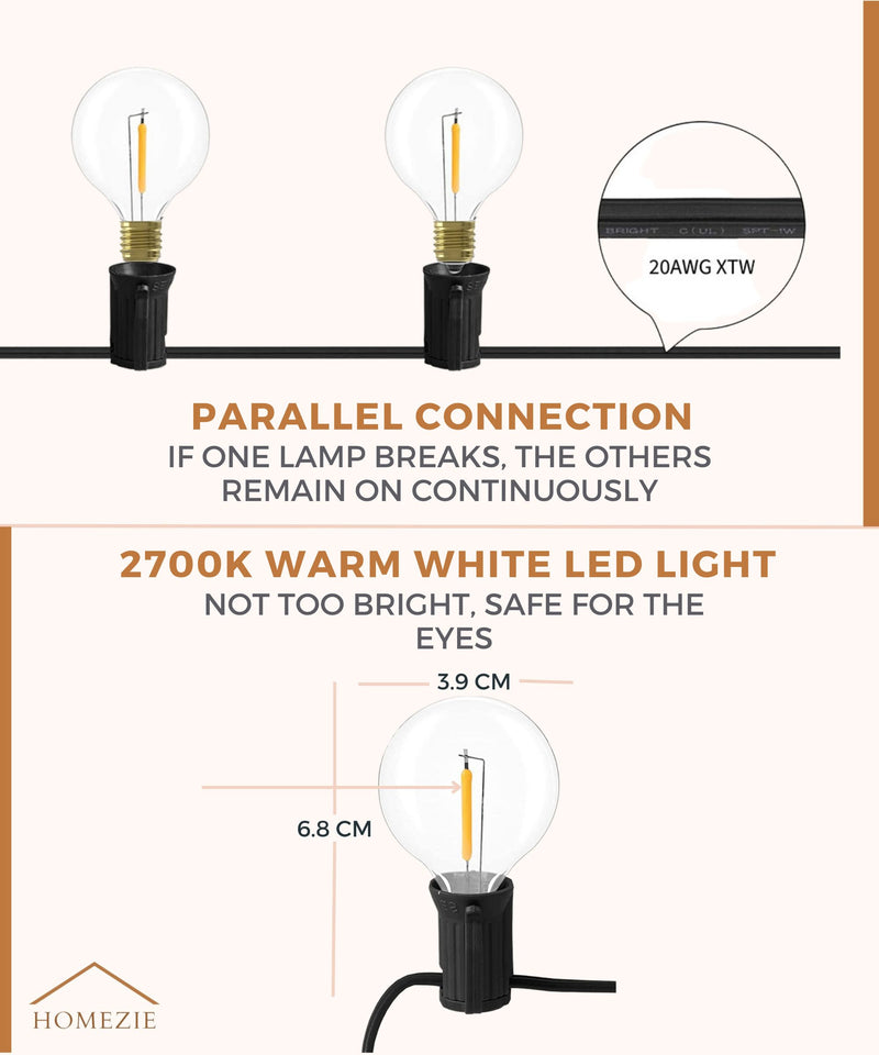 Homezie® Solar fairy lights | With remote control | IP65 waterproof | G40 LED bulbs | Available in different lengths