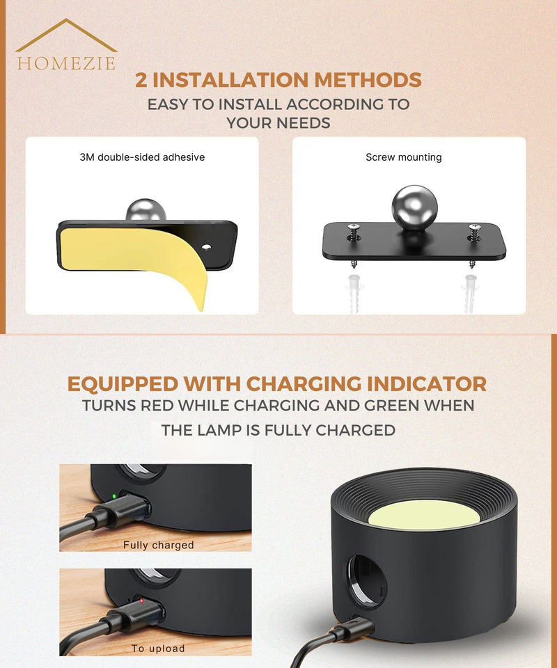 Homezie Wall Lamp | 3 Color Temperatures | Touch Control | Adjustable Brightness | USB Rechargeable