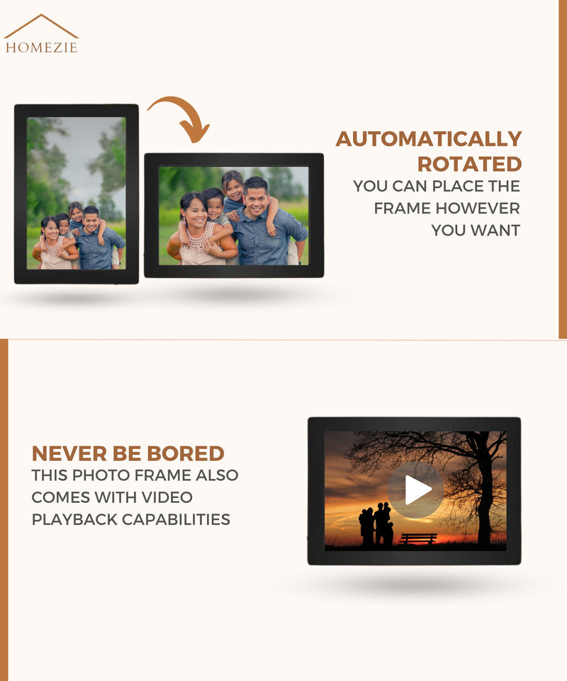 Homezie® Digital picture frame | Frameo App | High-resolution pictures | 10-inch touchscreen display | WiFi Digital picture frame