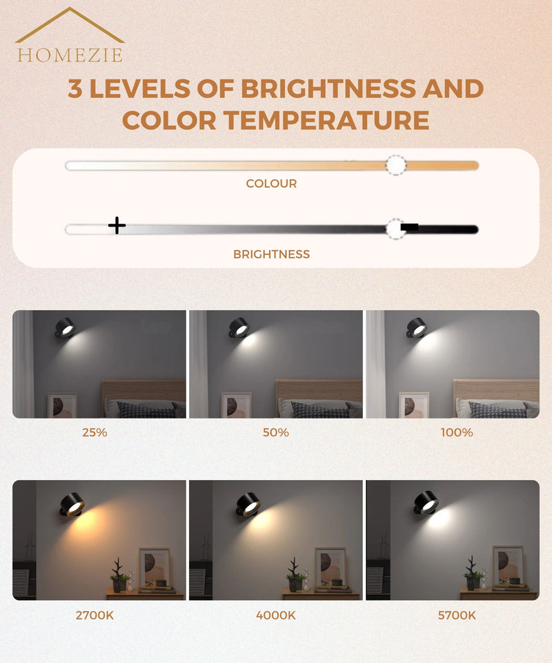 Homezie Wall Lamp | 3 Color Temperatures | Touch Control | Adjustable Brightness | USB Rechargeable