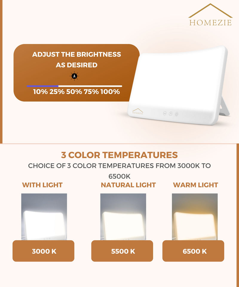 Homezie® Daylight lamp | Built-in timer | 10,000 lux | Light therapy lamp | 3 color options