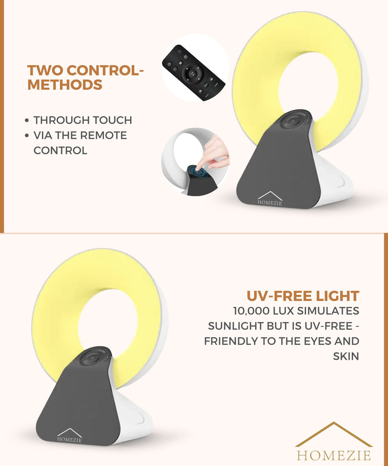 Homezie Daylight Lamp | Wake-Up Light | White Noise Machine | Built-In Timers | 10,000 Lux | Light Therapy Lamp