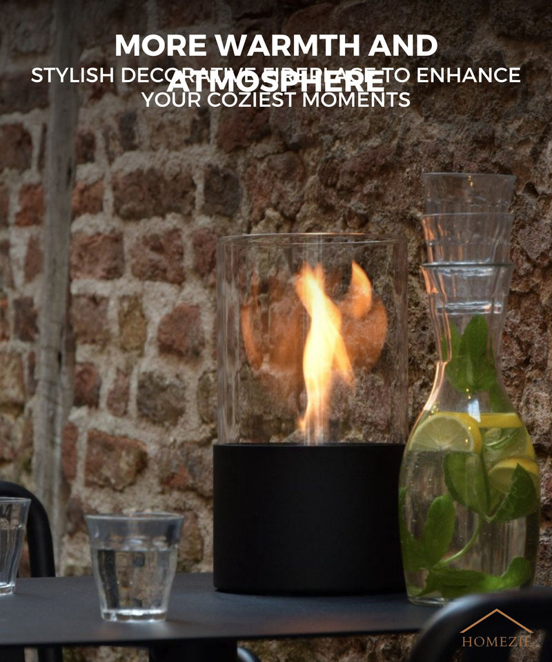 Homezie® Table Fireplace | Round Black | For Indoor & Outdoor Use | With Fire Extinguisher | Bio Ethanol Ambient Fireplace