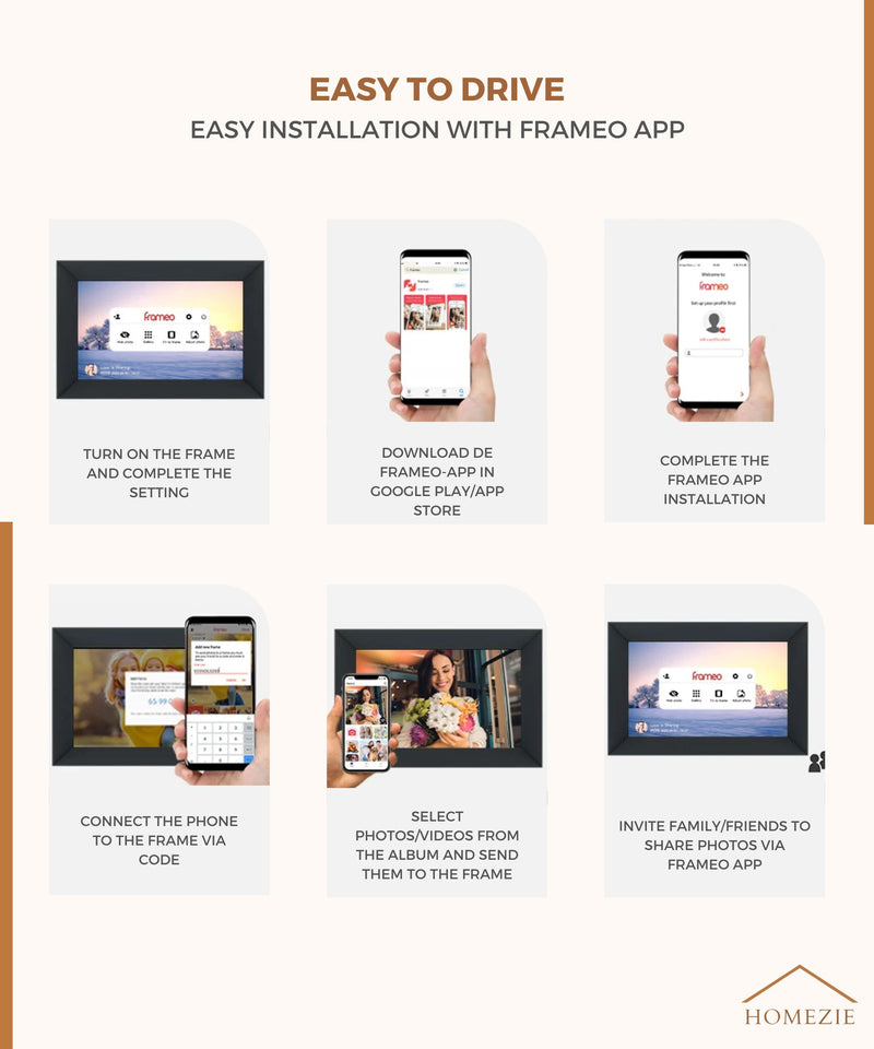 Homezie® Digital picture frame | Frameo App | High-resolution pictures | 10-inch touchscreen display | WiFi Digital picture frame