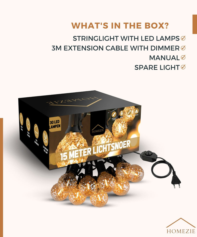 Homezie® fairy lights 15 meters with 30 LED bulbs | cone design | including 3m extension cable with dimmer | waterproof | warm white | connectable & dimmable
