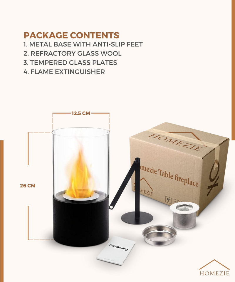 Homezie® Table Fireplace | Round Black | For Indoor & Outdoor Use | With Fire Extinguisher | Bio Ethanol Ambient Fireplace