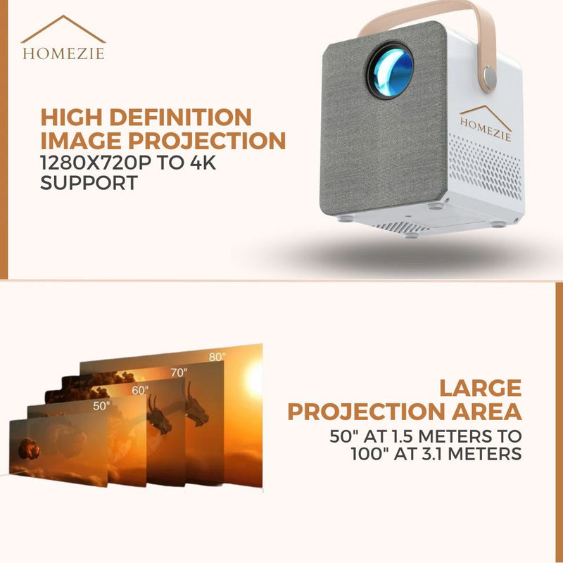 Homezie® Projector | Includes 2 3D Glasses, HDMI Cable, AV Cable, and Stand | Android 9.0 System | 6000 Lumens